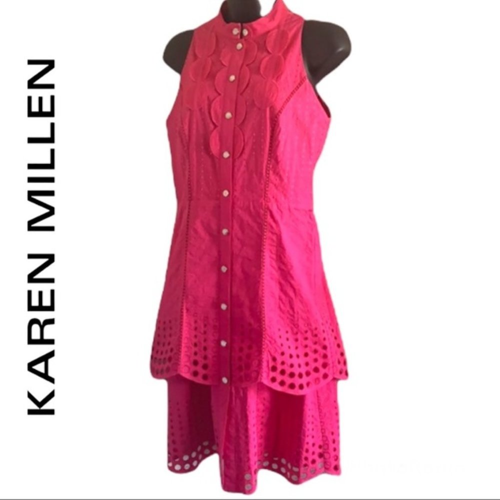 Karen Millen Pink Sleeveless Broderie Anglaise Layers Lace  Dress Size 8